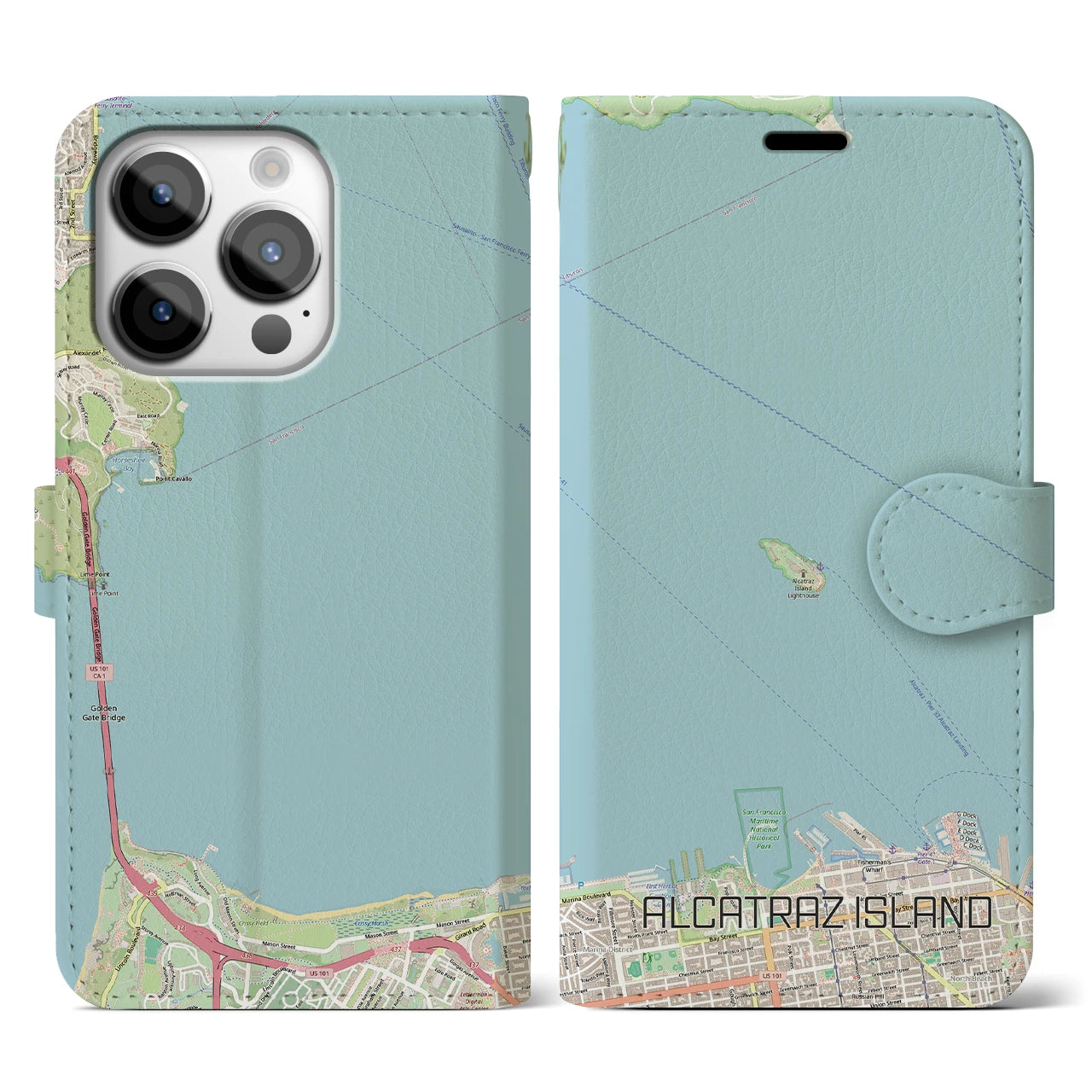 【アルカトラズ島(アメリカ)】地図柄iPhoneケース(手帳タイプ)ナチュラル・iPhone 14 Pro 用