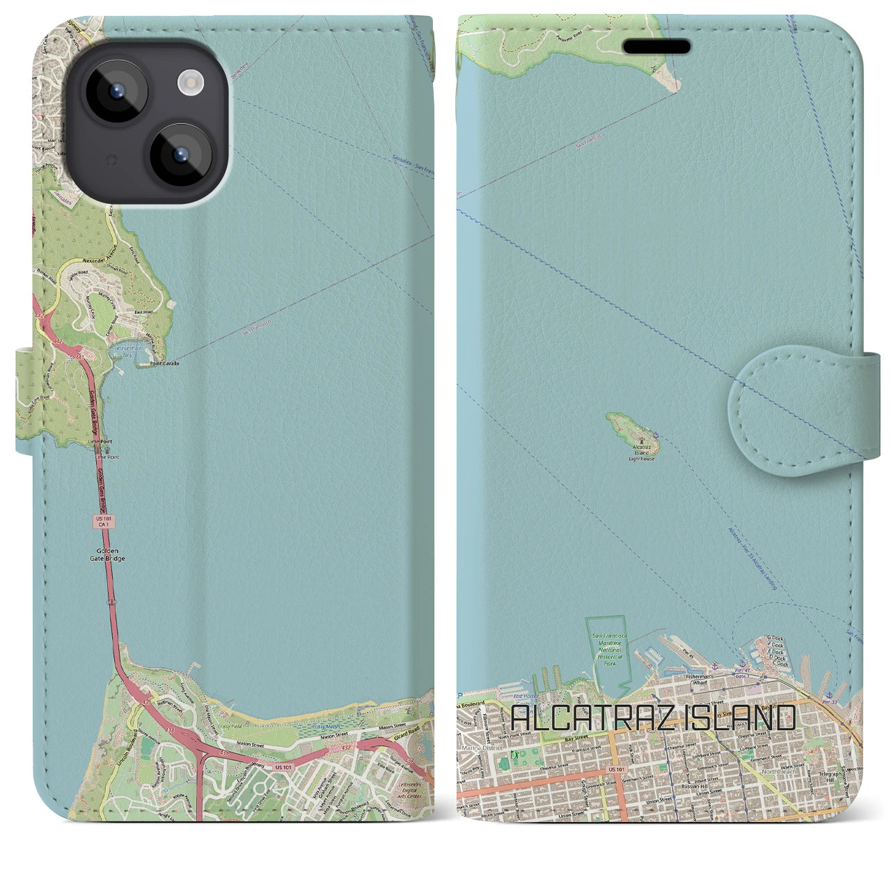 【アルカトラズ島(アメリカ)】地図柄iPhoneケース(手帳タイプ)ナチュラル・iPhone 14 Plus 用