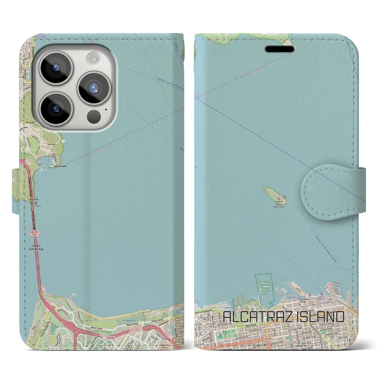 【アルカトラズ島(アメリカ)】地図柄iPhoneケース(手帳タイプ)ナチュラル・iPhone 15 Pro 用