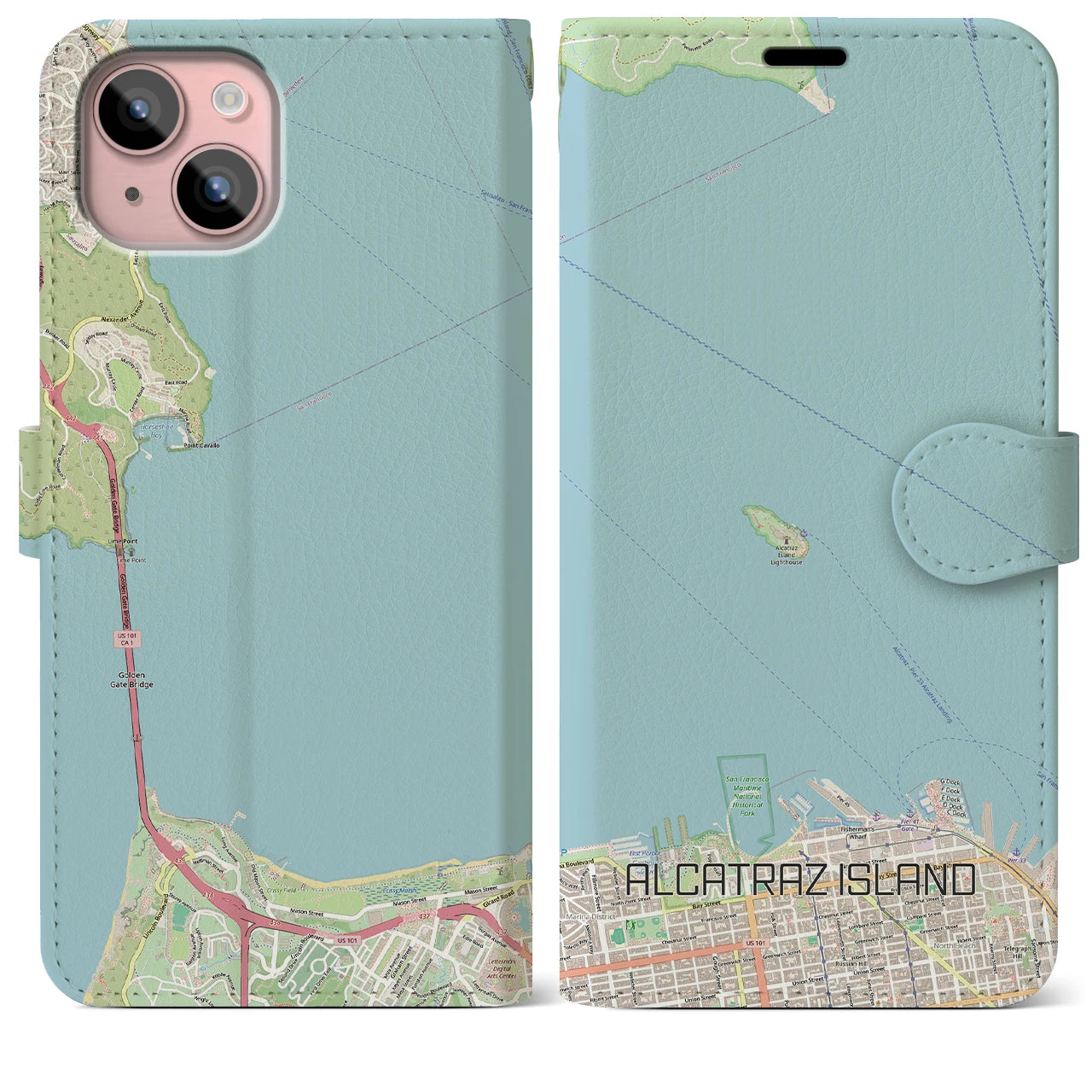 【アルカトラズ島(アメリカ)】地図柄iPhoneケース(手帳タイプ)ナチュラル・iPhone 15 Plus 用