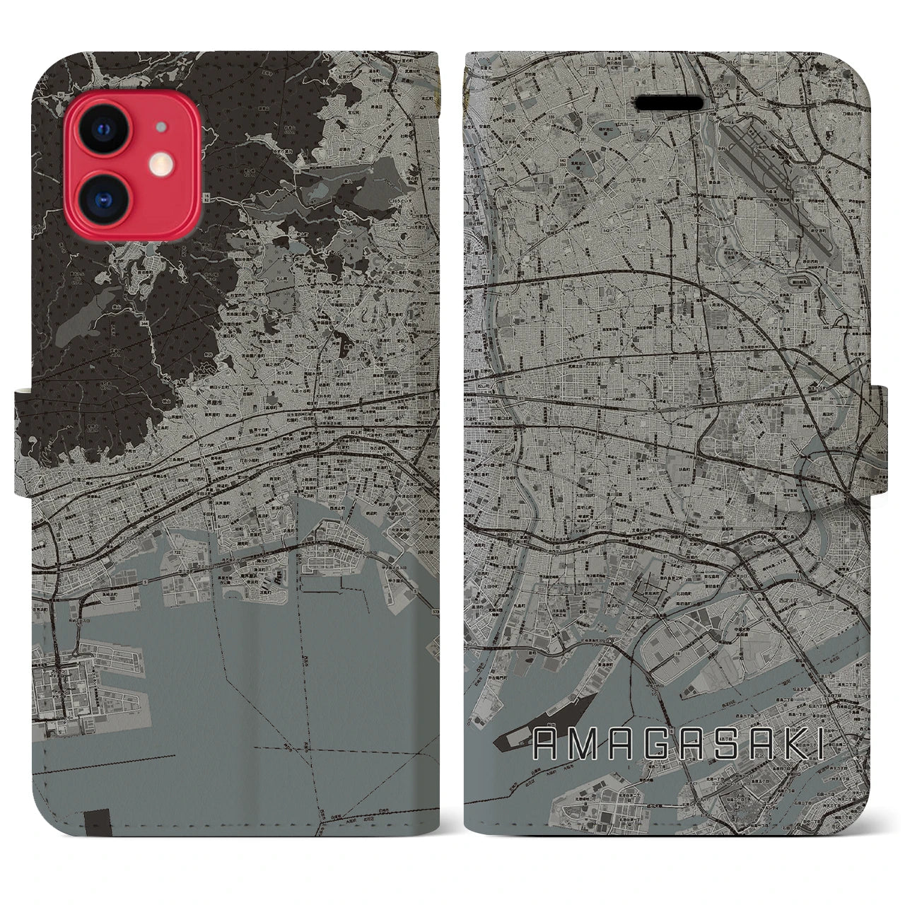 【尼崎(兵庫県)】地図柄iPhoneケース(手帳タイプ)モノトーン・iPhone 11 用
