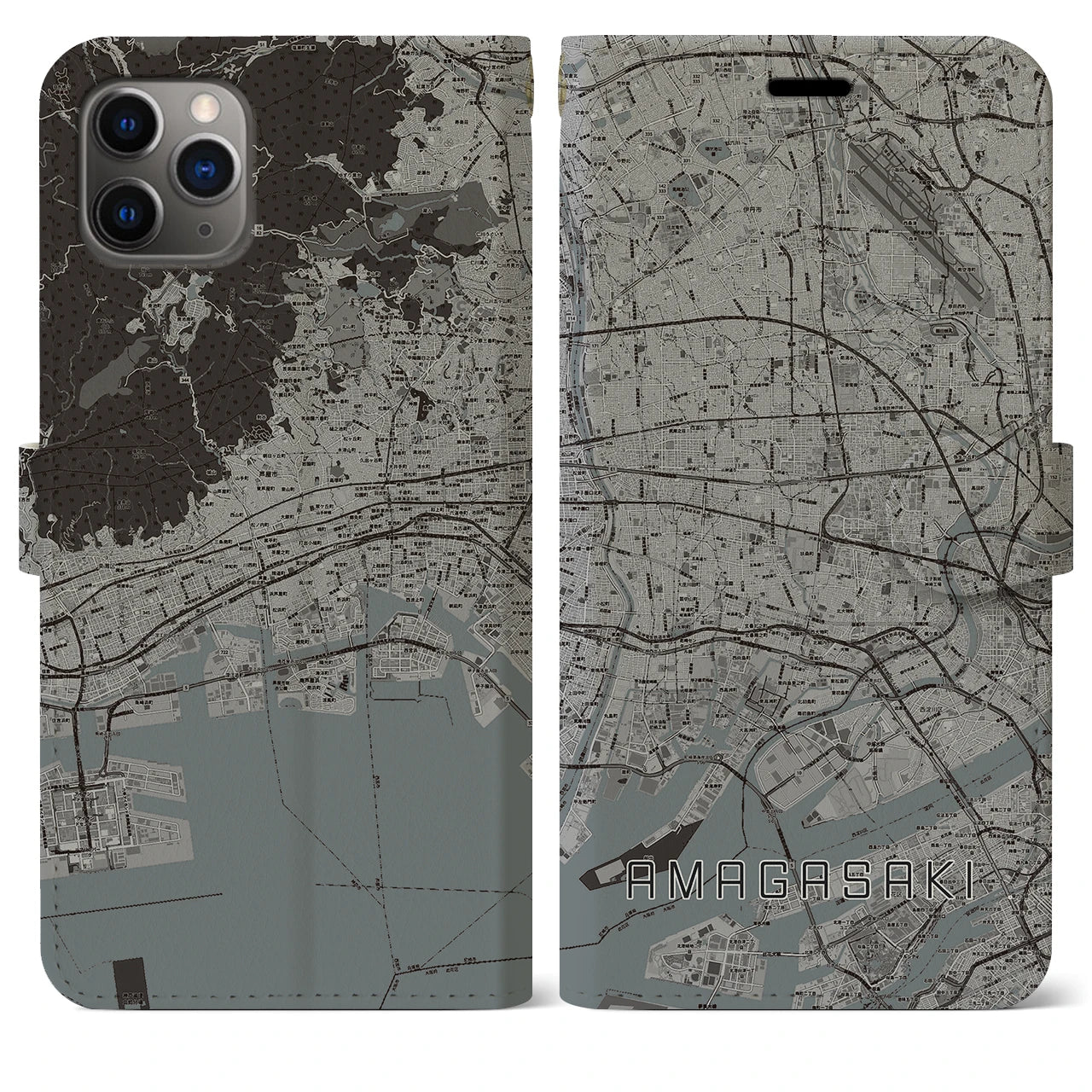 【尼崎(兵庫県)】地図柄iPhoneケース(手帳タイプ)モノトーン・iPhone 11 Pro Max 用