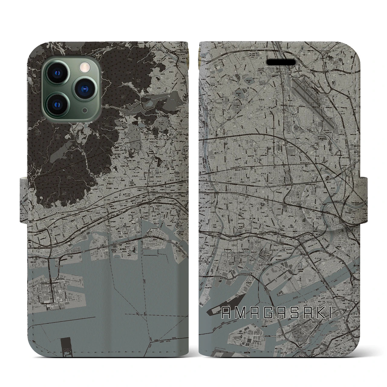 【尼崎(兵庫県)】地図柄iPhoneケース(手帳タイプ)モノトーン・iPhone 11 Pro 用