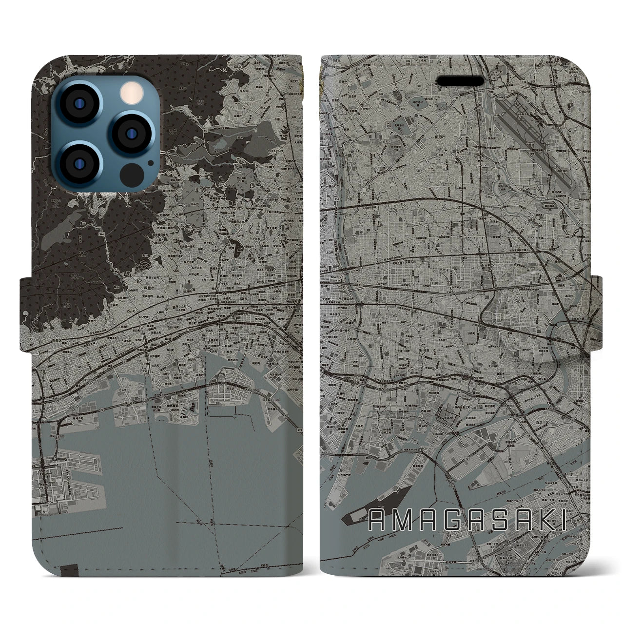 【尼崎(兵庫県)】地図柄iPhoneケース(手帳タイプ)モノトーン・iPhone 12 / 12 Pro 用