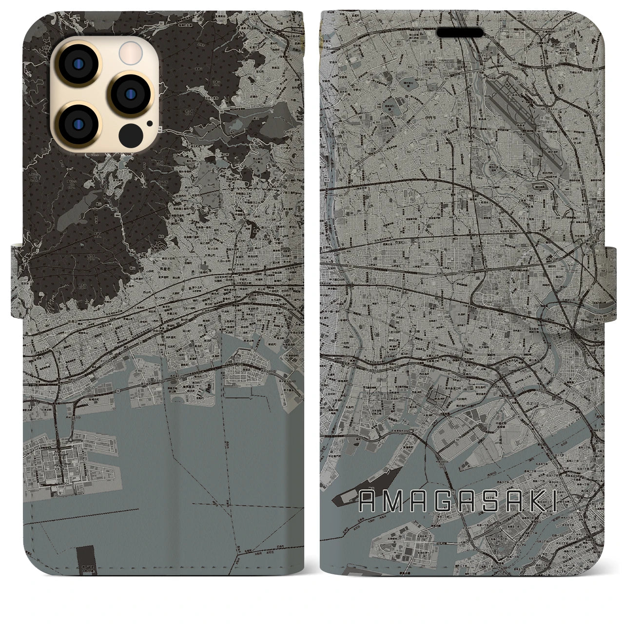 【尼崎(兵庫県)】地図柄iPhoneケース(手帳タイプ)モノトーン・iPhone 12 Pro Max 用