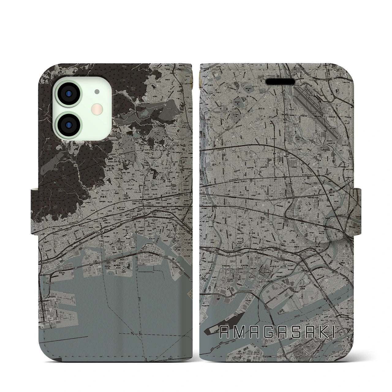 【尼崎(兵庫県)】地図柄iPhoneケース(手帳タイプ)モノトーン・iPhone 12 mini 用