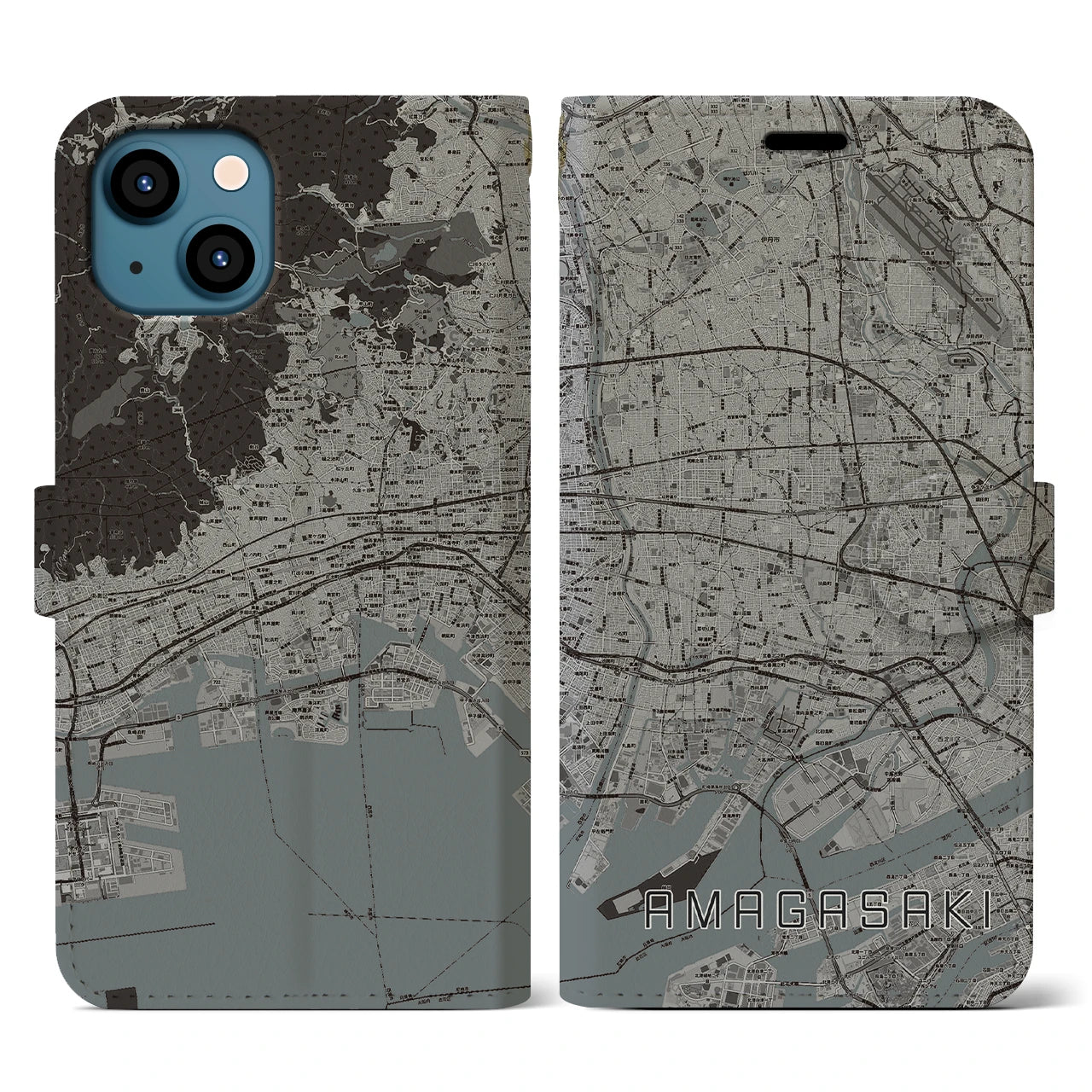 【尼崎(兵庫県)】地図柄iPhoneケース(手帳タイプ)モノトーン・iPhone 13 用