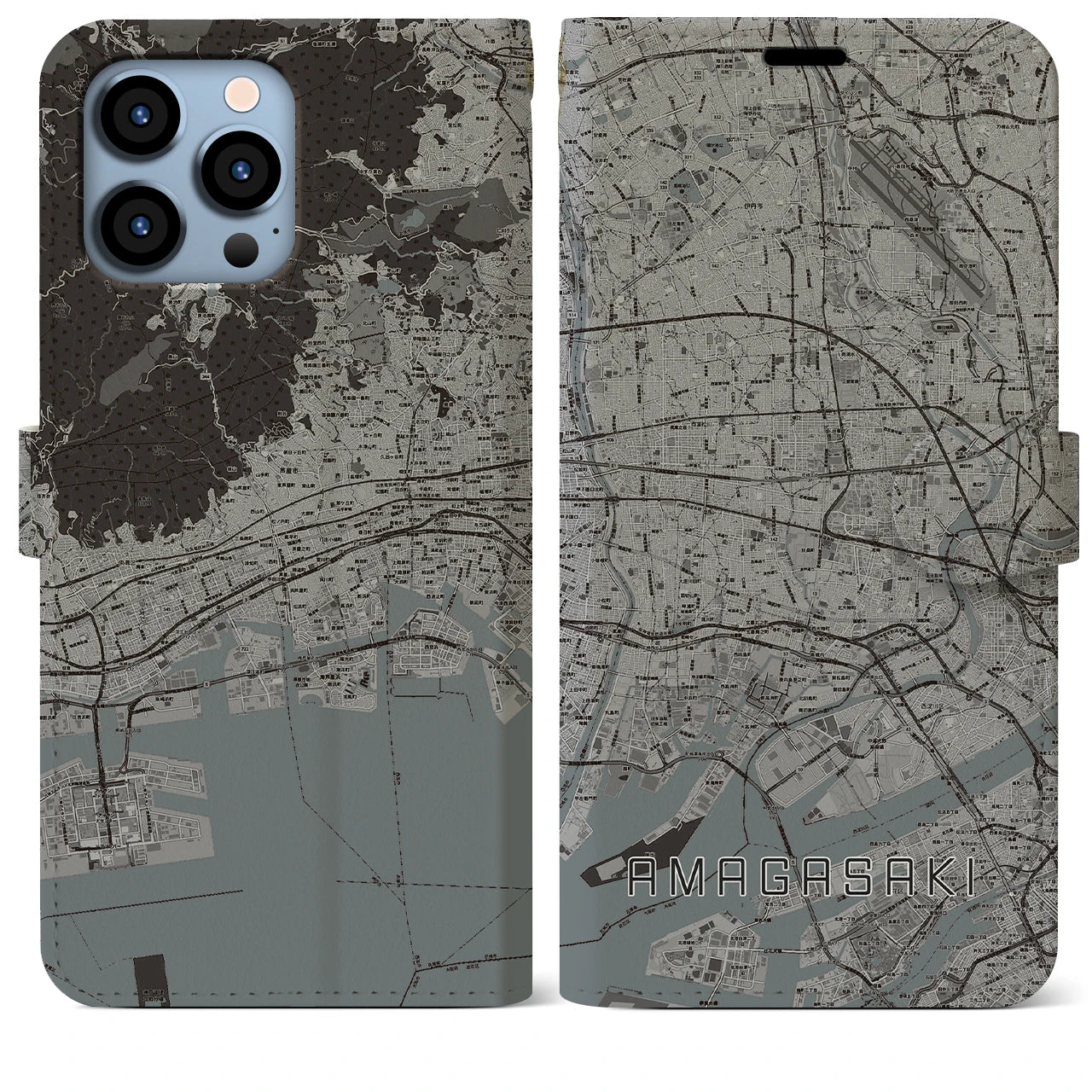 【尼崎(兵庫県)】地図柄iPhoneケース(手帳タイプ)モノトーン・iPhone 13 Pro Max 用