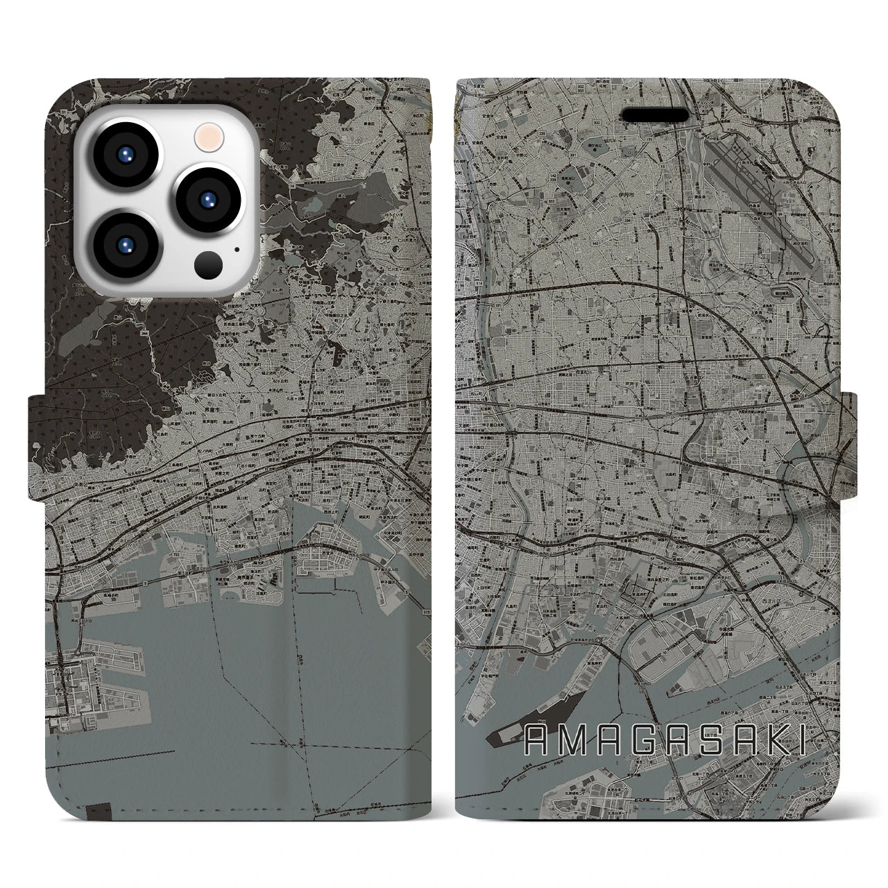 【尼崎(兵庫県)】地図柄iPhoneケース(手帳タイプ)モノトーン・iPhone 13 Pro 用