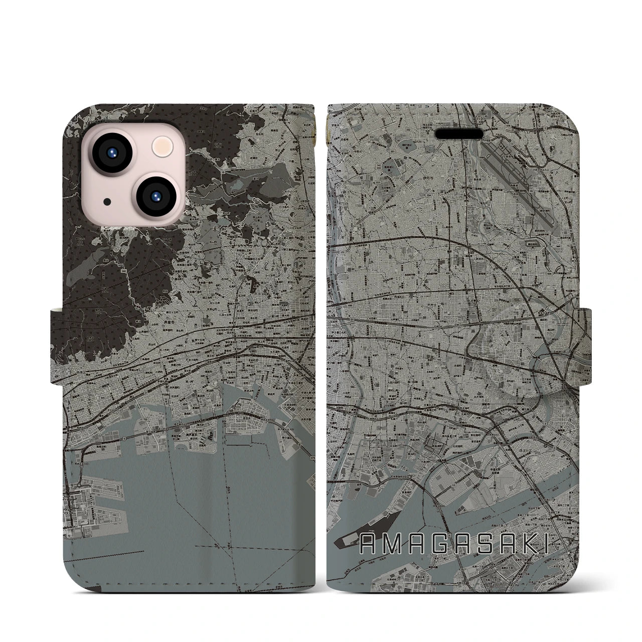 【尼崎(兵庫県)】地図柄iPhoneケース(手帳タイプ)モノトーン・iPhone 13 mini 用