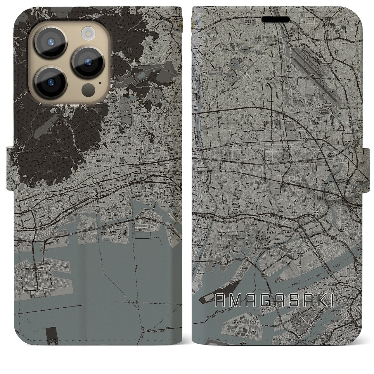 【尼崎(兵庫県)】地図柄iPhoneケース(手帳タイプ)モノトーン・iPhone 14 Pro Max 用