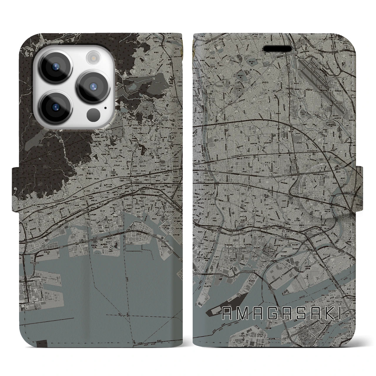 【尼崎(兵庫県)】地図柄iPhoneケース(手帳タイプ)モノトーン・iPhone 14 Pro 用