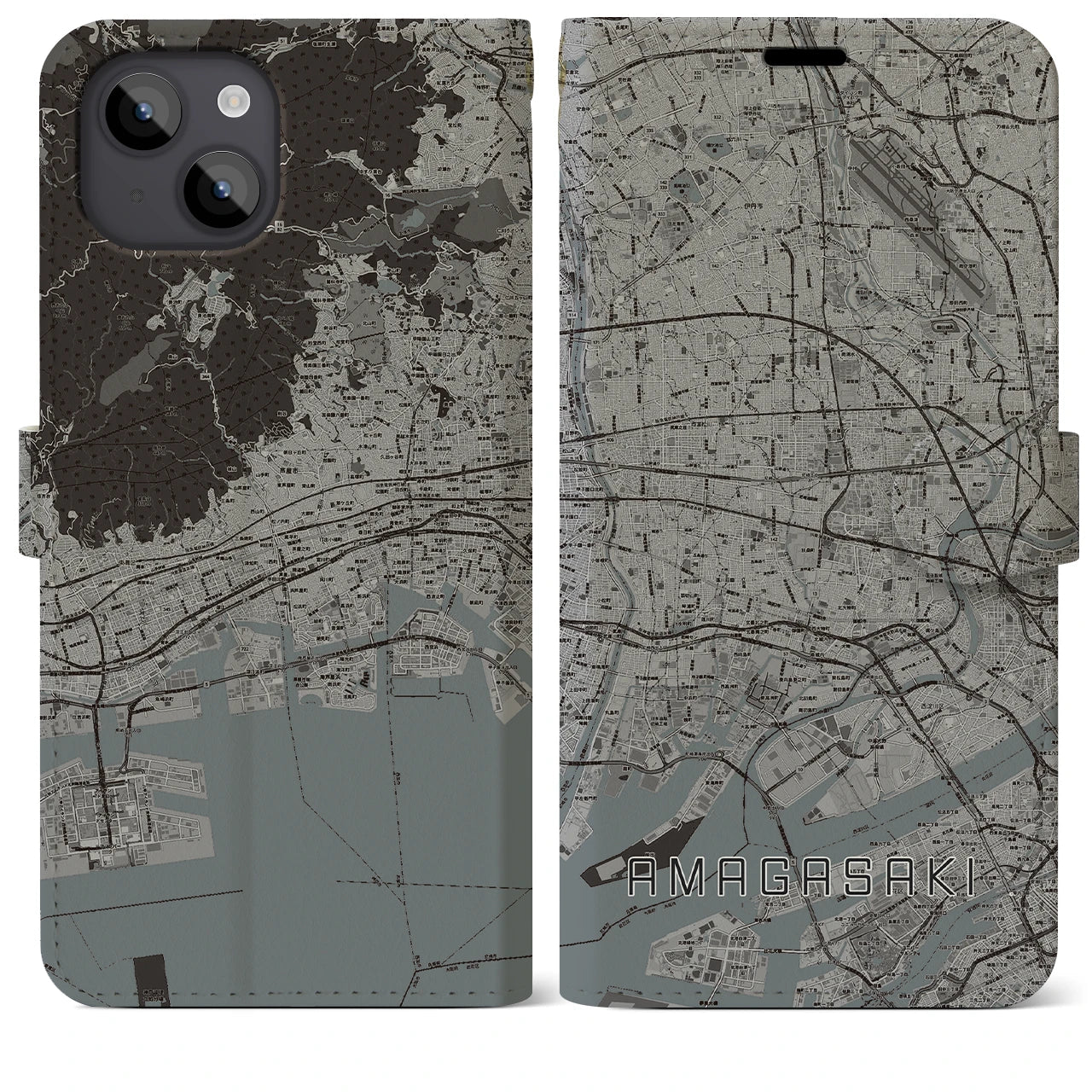 【尼崎(兵庫県)】地図柄iPhoneケース(手帳タイプ)モノトーン・iPhone 14 Plus 用