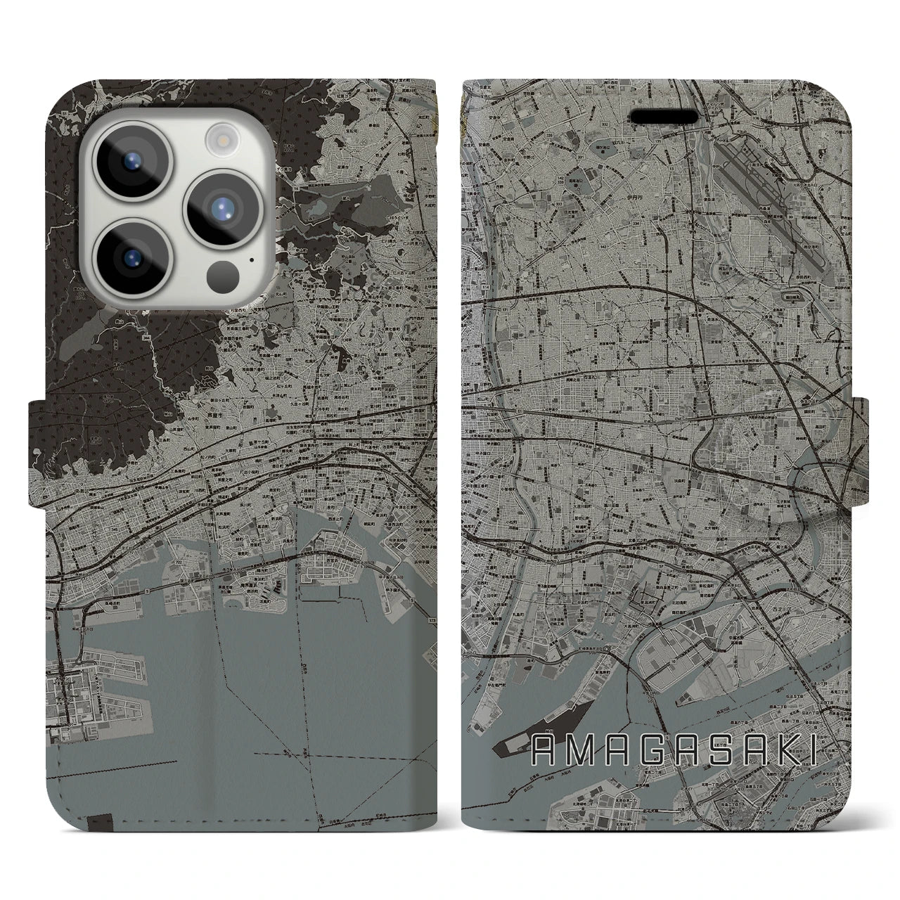 【尼崎(兵庫県)】地図柄iPhoneケース(手帳タイプ)モノトーン・iPhone 15 Pro 用