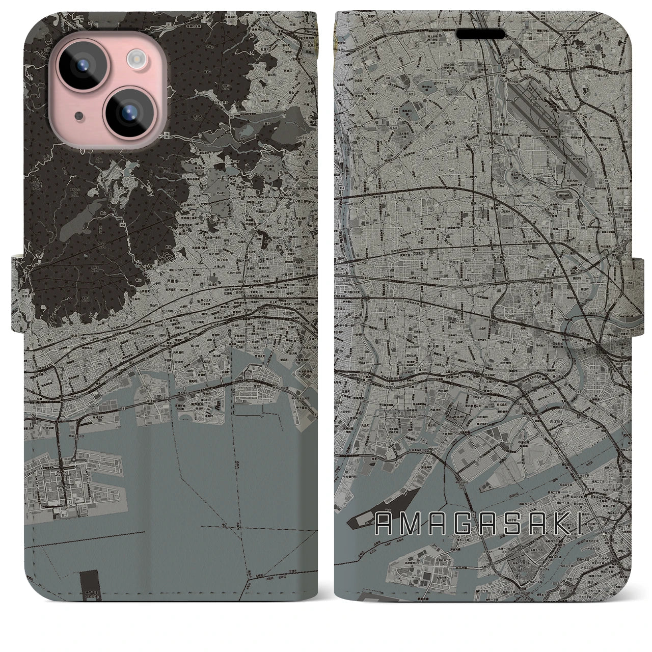 【尼崎(兵庫県)】地図柄iPhoneケース(手帳タイプ)モノトーン・iPhone 15 Plus 用