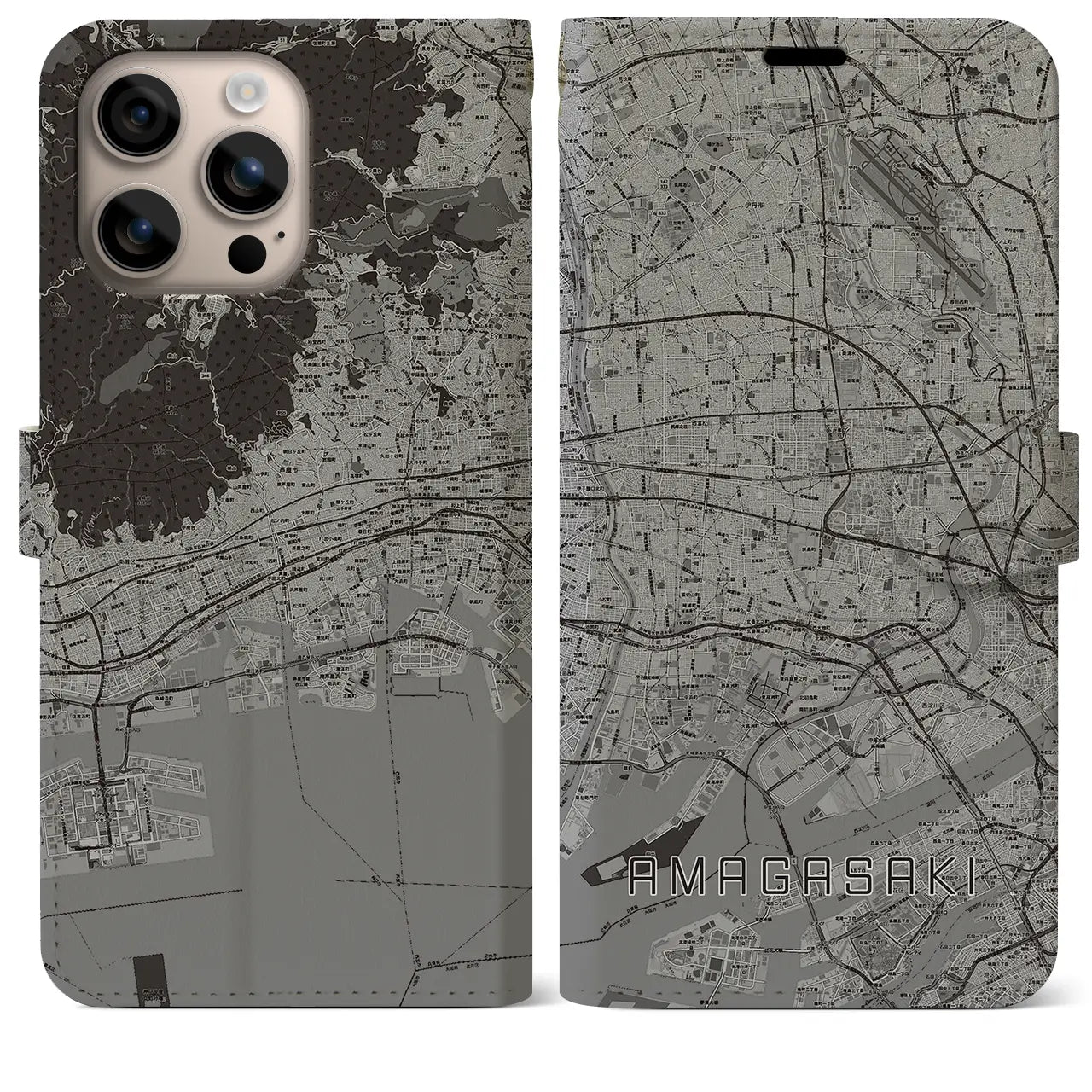 【尼崎(兵庫県)】地図柄iPhoneケース(手帳タイプ)モノトーン・iPhone 16 Plus 用