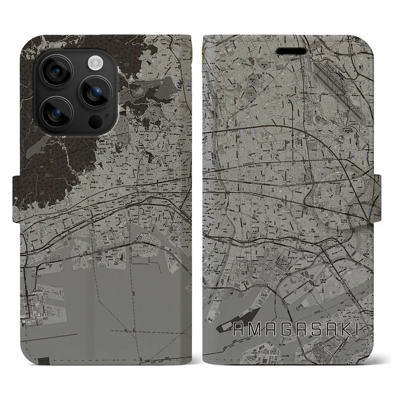 【尼崎(兵庫県)】地図柄iPhoneケース(手帳タイプ)モノトーン・iPhone 16 用