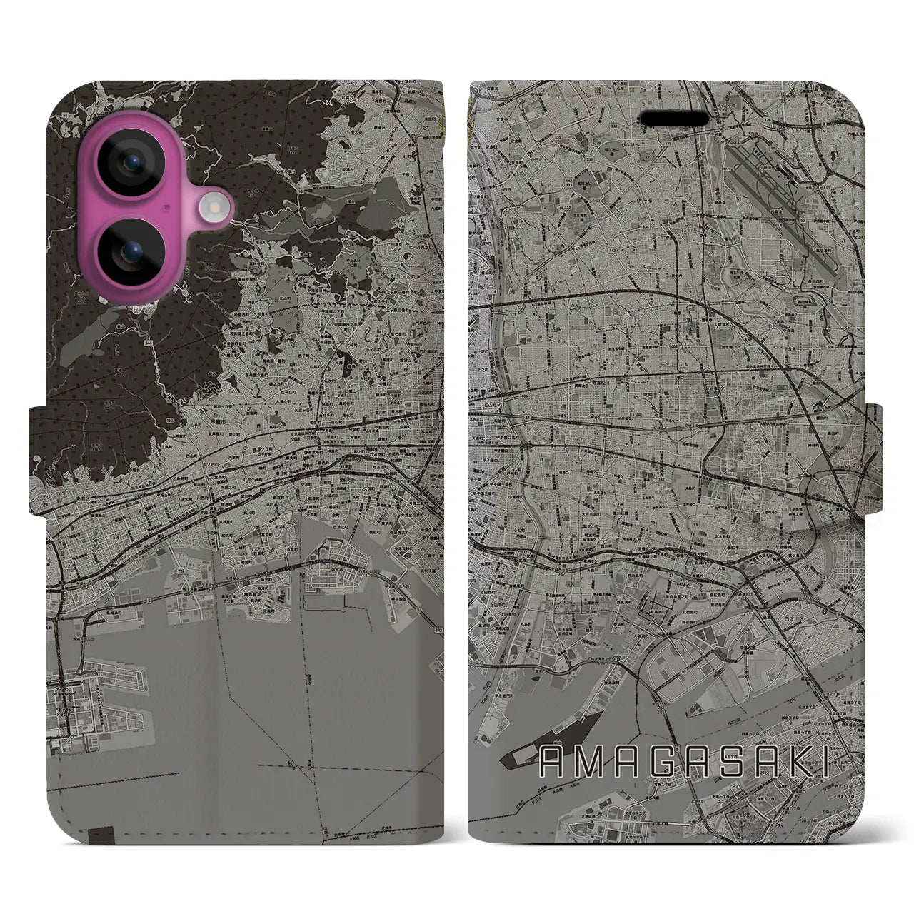 【尼崎(兵庫県)】地図柄iPhoneケース(手帳タイプ)モノトーン・iPhone 16 Pro 用