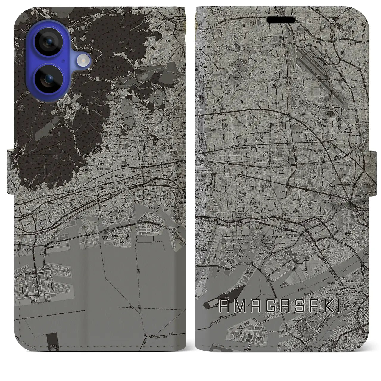 【尼崎(兵庫県)】地図柄iPhoneケース(手帳タイプ)モノトーン・iPhone 16 Pro Max 用