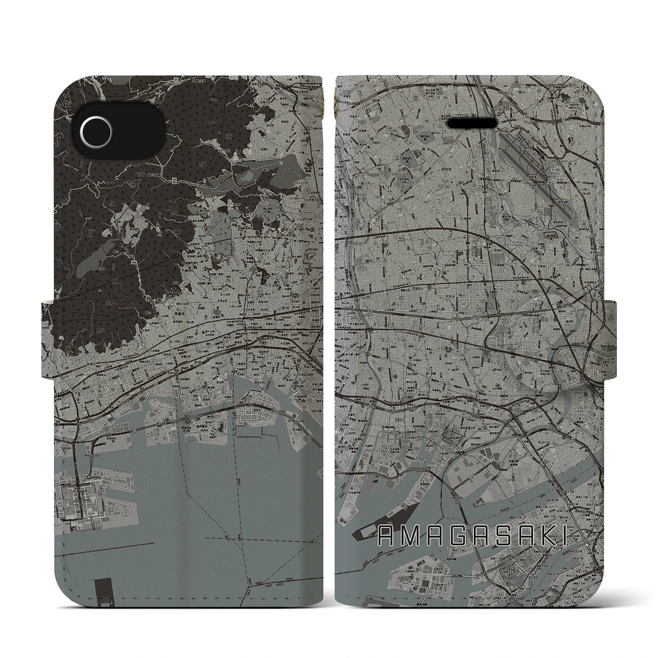 【尼崎(兵庫県)】地図柄iPhoneケース(手帳タイプ)モノトーン・iPhone SE(第3 / 第2世代) / 8 / 7 / 6s / 6 用