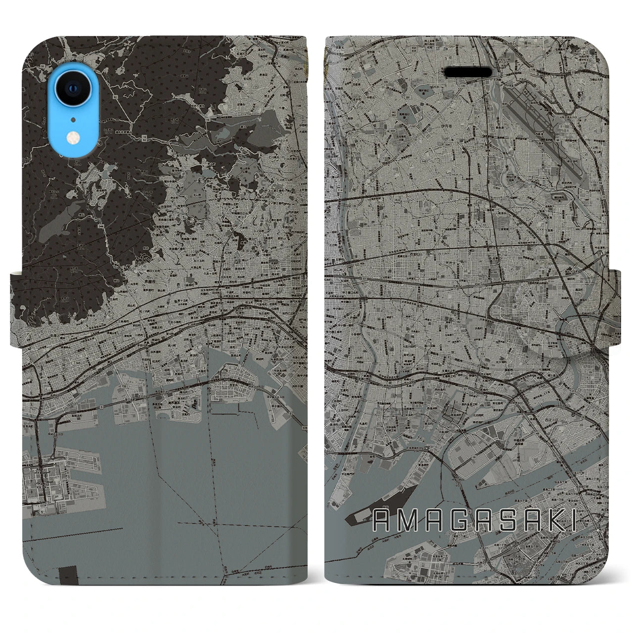 【尼崎(兵庫県)】地図柄iPhoneケース(手帳タイプ)モノトーン・iPhone XR 用