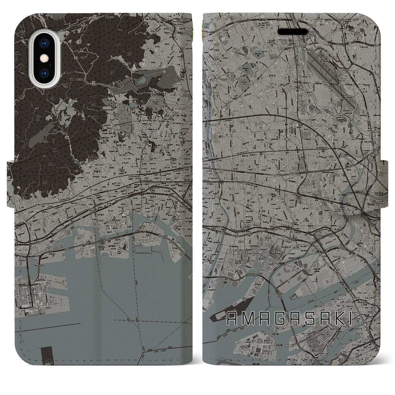 【尼崎(兵庫県)】地図柄iPhoneケース(手帳タイプ)モノトーン・iPhone XS Max 用