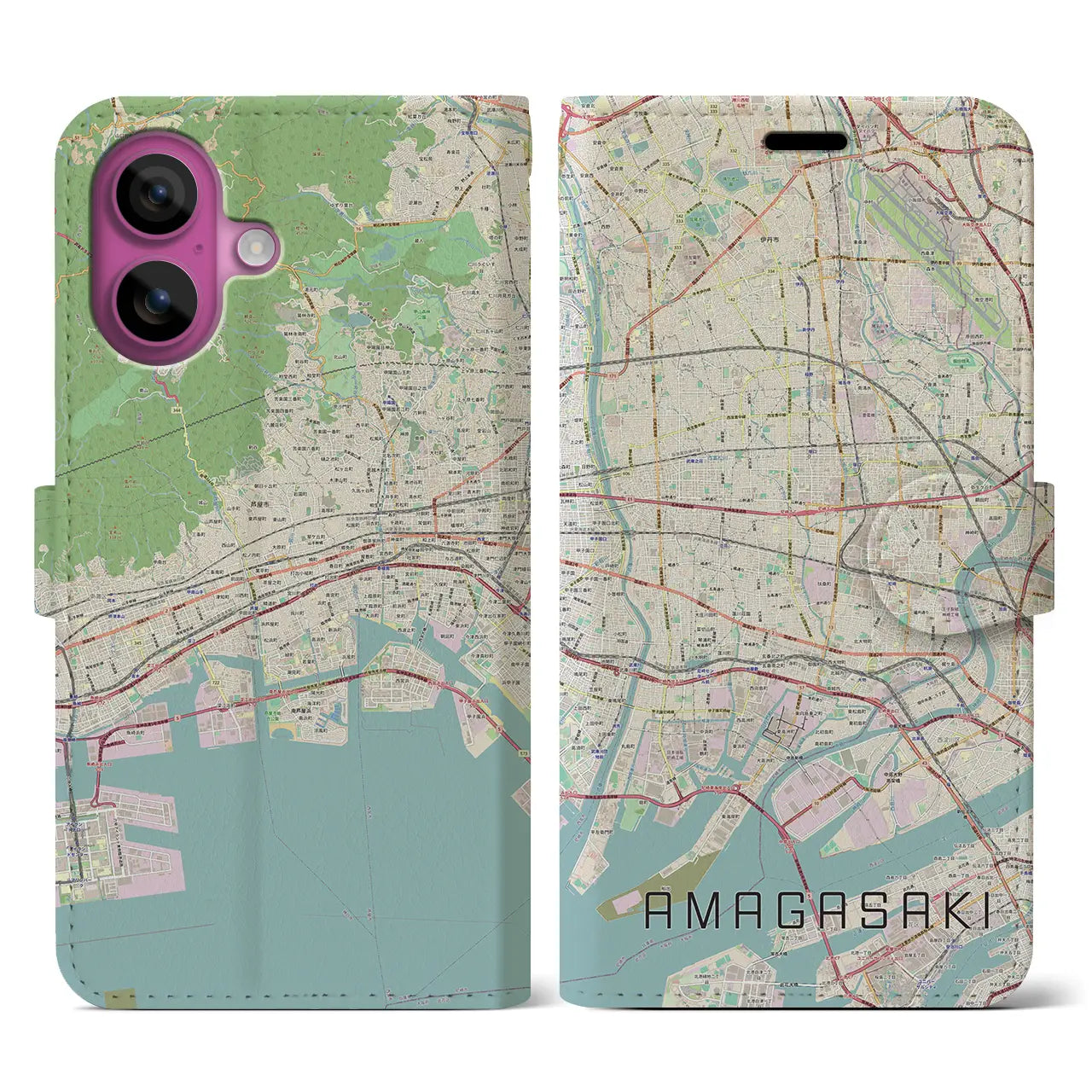 【尼崎(兵庫県)】地図柄iPhoneケース(手帳タイプ)ナチュラル・iPhone 16 Pro 用