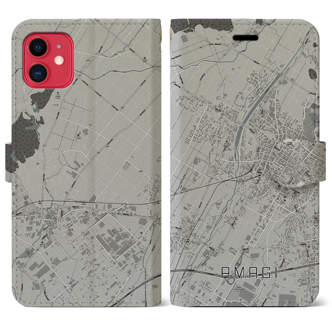 【甘木(福岡県)】地図柄iPhoneケース(手帳タイプ)モノトーン・iPhone 11 用