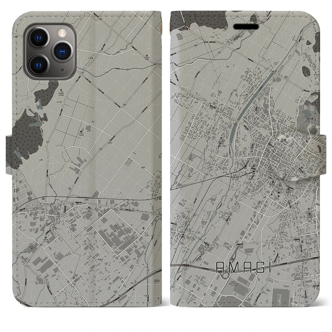 【甘木(福岡県)】地図柄iPhoneケース(手帳タイプ)モノトーン・iPhone 11 Pro Max 用