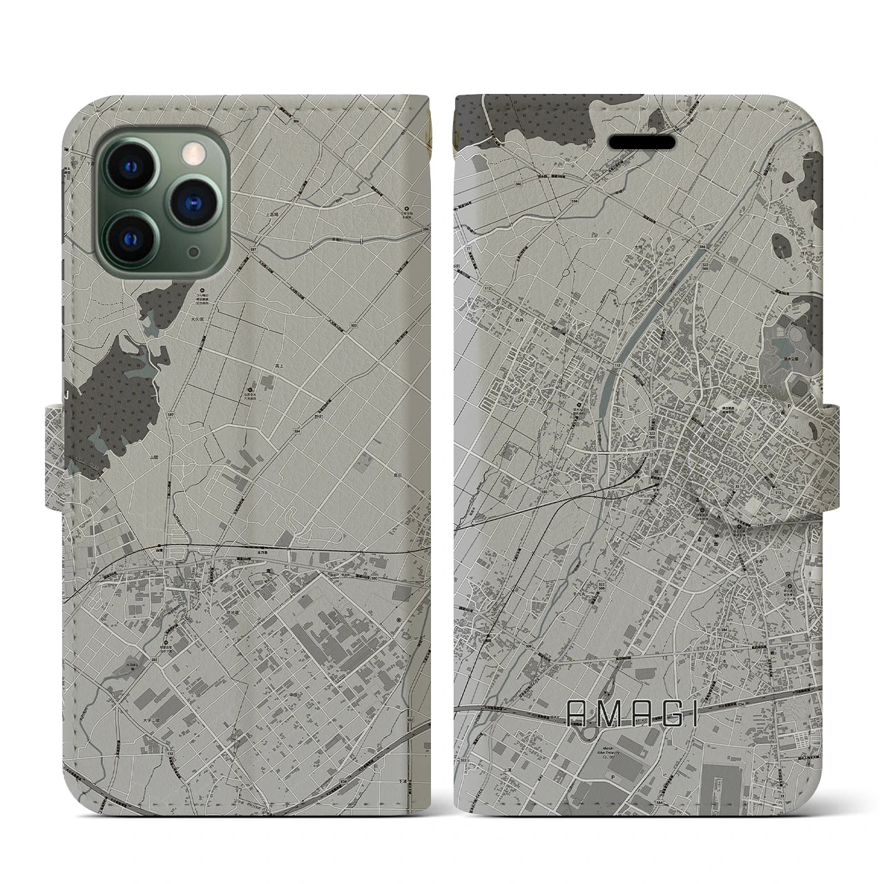 【甘木(福岡県)】地図柄iPhoneケース(手帳タイプ)モノトーン・iPhone 11 Pro 用