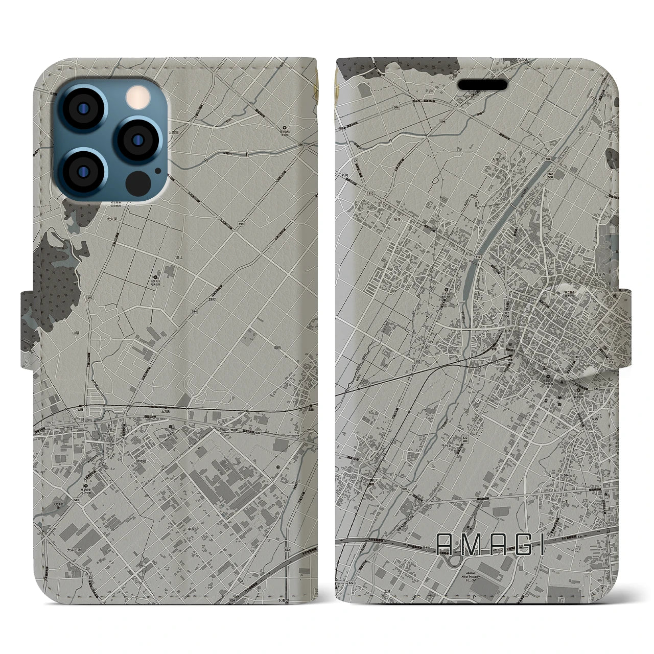 【甘木(福岡県)】地図柄iPhoneケース(手帳タイプ)モノトーン・iPhone 12 / 12 Pro 用
