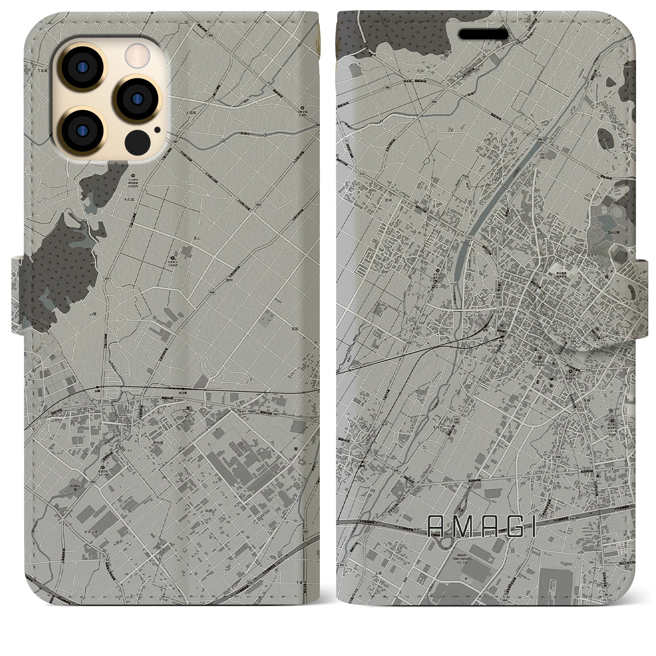 【甘木(福岡県)】地図柄iPhoneケース(手帳タイプ)モノトーン・iPhone 12 Pro Max 用