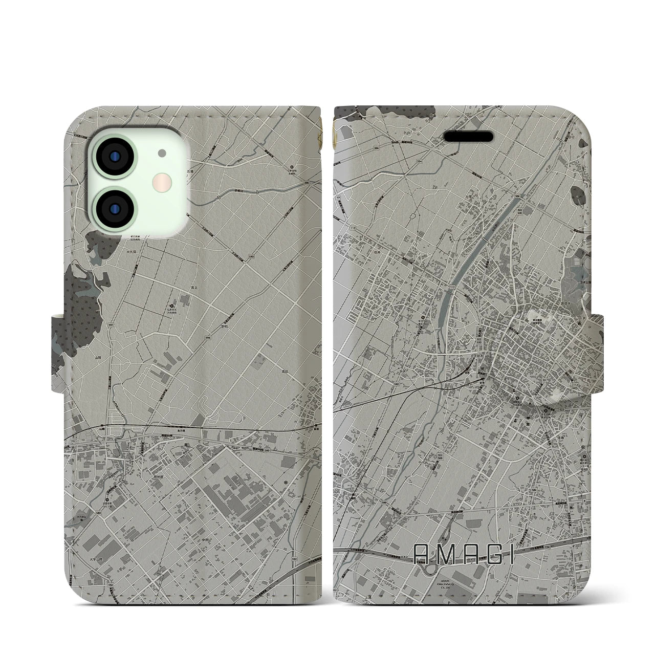 【甘木(福岡県)】地図柄iPhoneケース(手帳タイプ)モノトーン・iPhone 12 mini 用