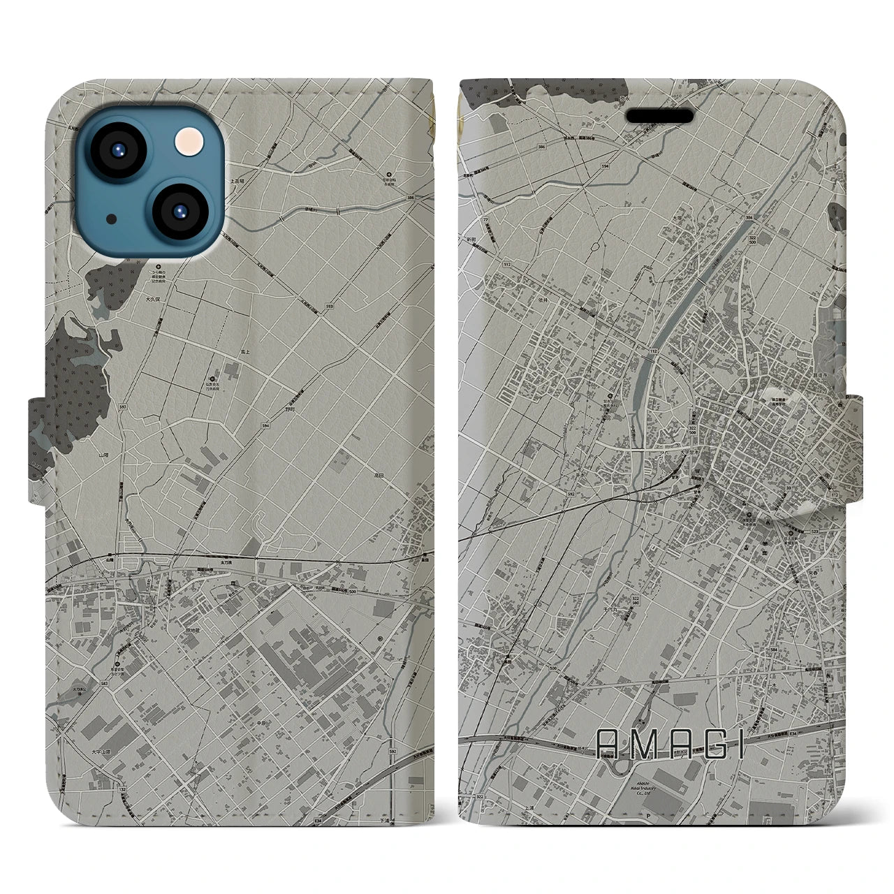 【甘木(福岡県)】地図柄iPhoneケース(手帳タイプ)モノトーン・iPhone 13 用