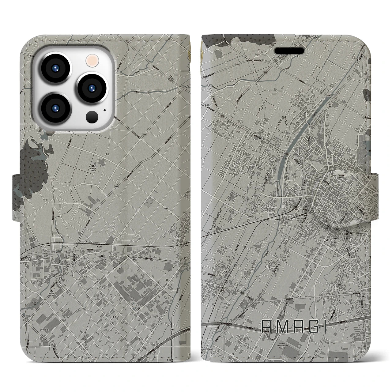 【甘木(福岡県)】地図柄iPhoneケース(手帳タイプ)モノトーン・iPhone 13 Pro 用