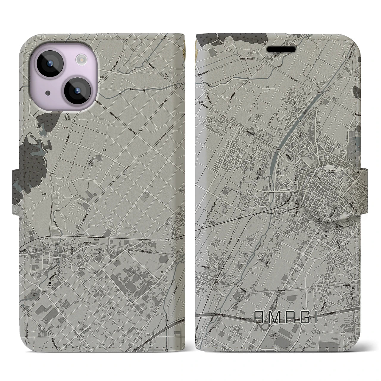 【甘木(福岡県)】地図柄iPhoneケース(手帳タイプ)モノトーン・iPhone 14 用