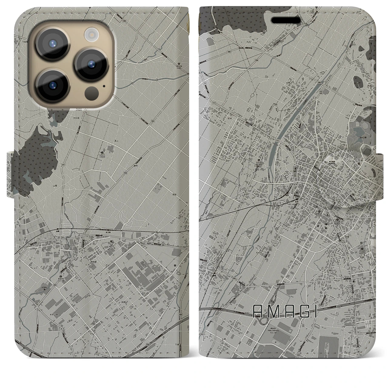 【甘木(福岡県)】地図柄iPhoneケース(手帳タイプ)モノトーン・iPhone 14 Pro Max 用