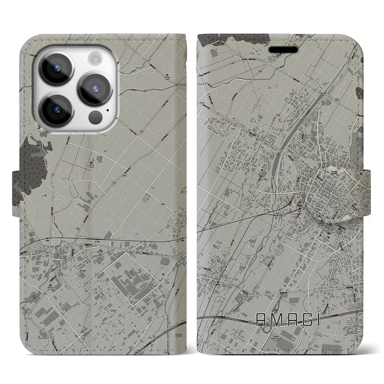 【甘木(福岡県)】地図柄iPhoneケース(手帳タイプ)モノトーン・iPhone 14 Pro 用