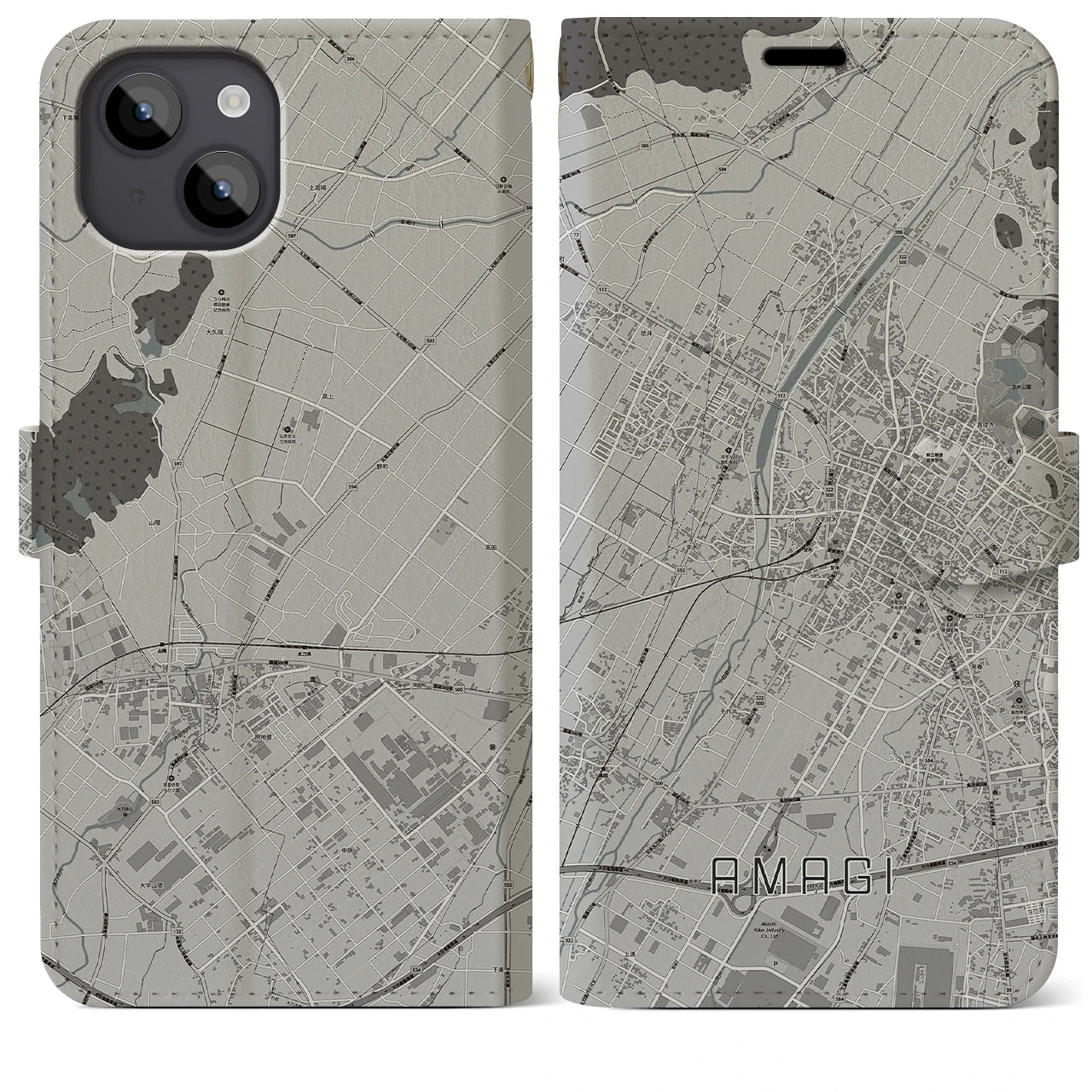 【甘木(福岡県)】地図柄iPhoneケース(手帳タイプ)モノトーン・iPhone 14 Plus 用