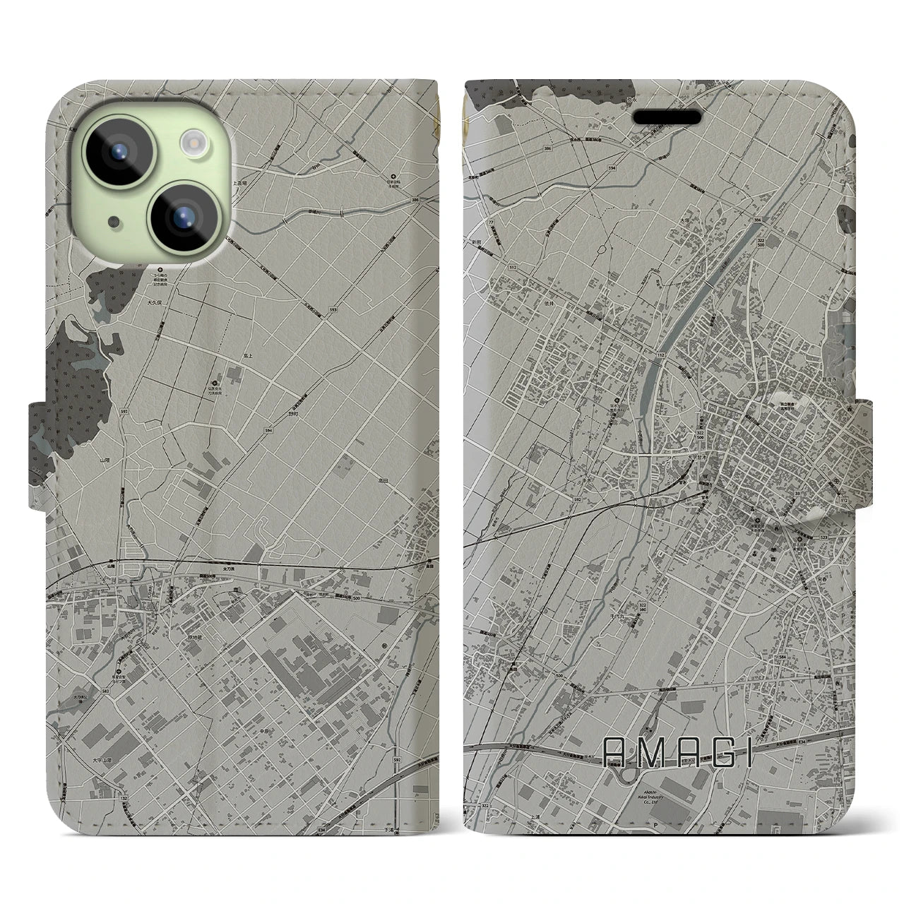 【甘木(福岡県)】地図柄iPhoneケース(手帳タイプ)モノトーン・iPhone 15 用