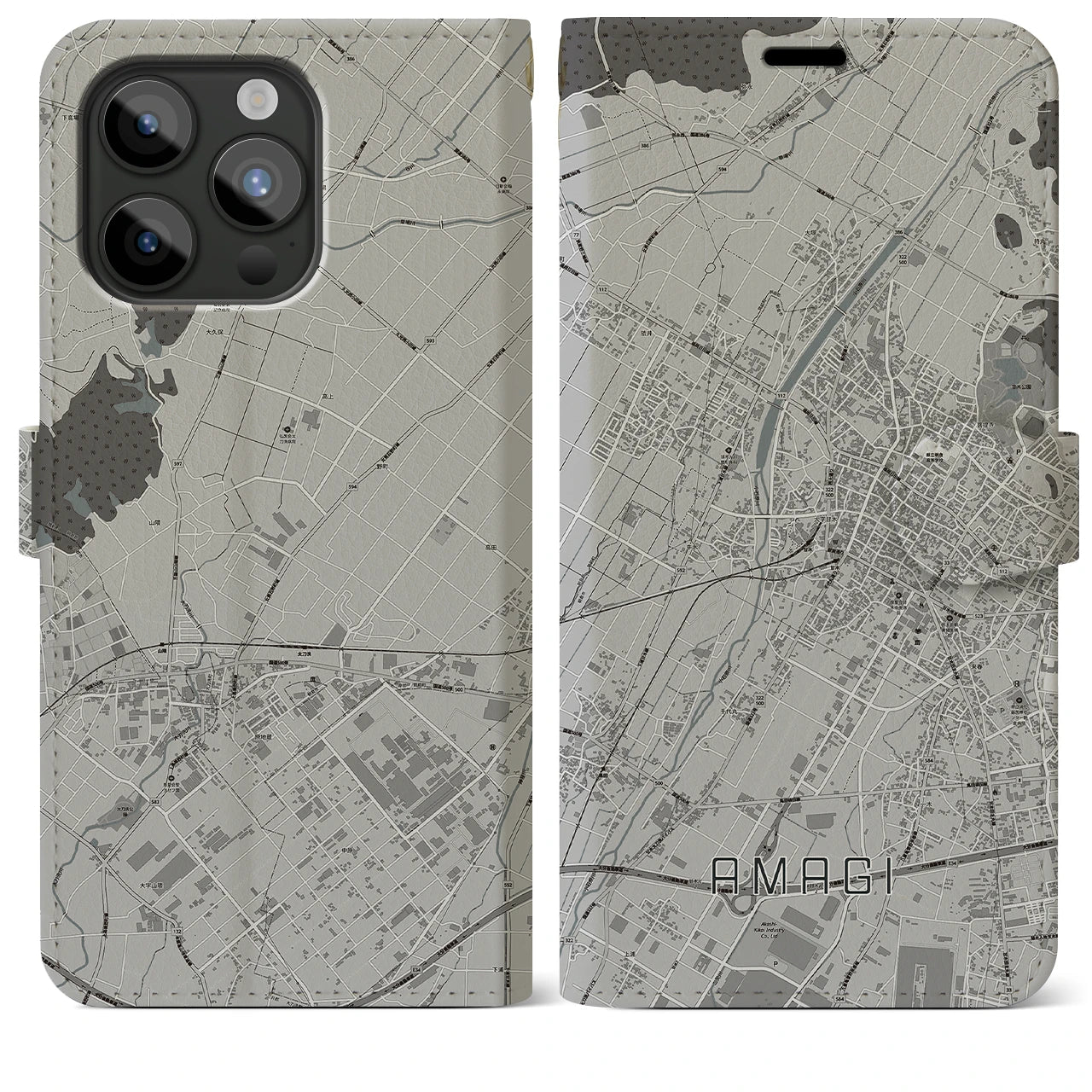 【甘木(福岡県)】地図柄iPhoneケース(手帳タイプ)モノトーン・iPhone 15 Pro Max 用
