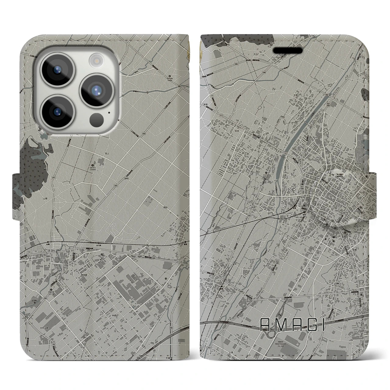 【甘木(福岡県)】地図柄iPhoneケース(手帳タイプ)モノトーン・iPhone 15 Pro 用