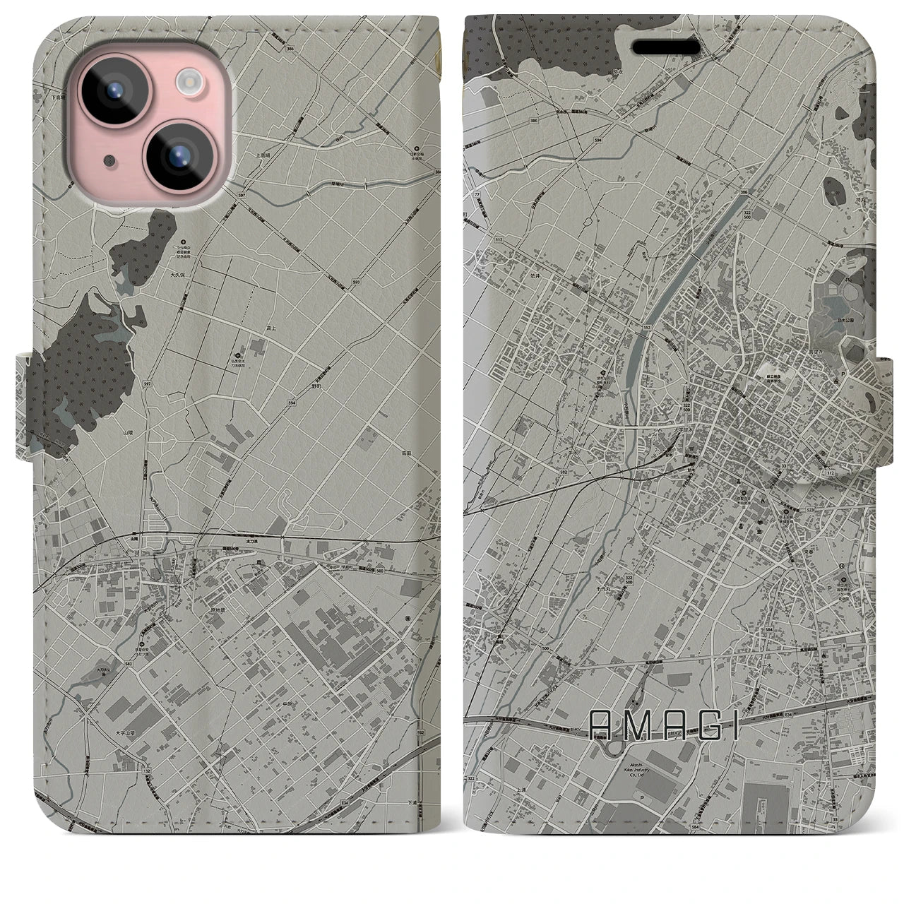 【甘木(福岡県)】地図柄iPhoneケース(手帳タイプ)モノトーン・iPhone 15 Plus 用