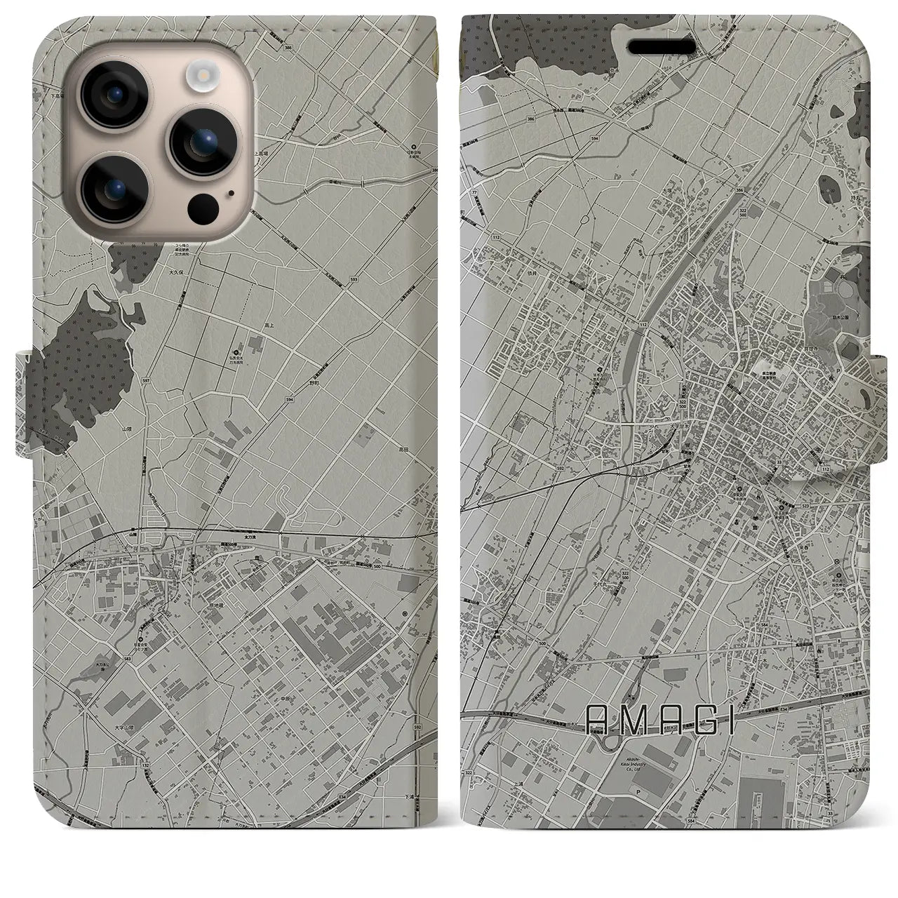 【甘木(福岡県)】地図柄iPhoneケース(手帳タイプ)モノトーン・iPhone 16 Plus 用