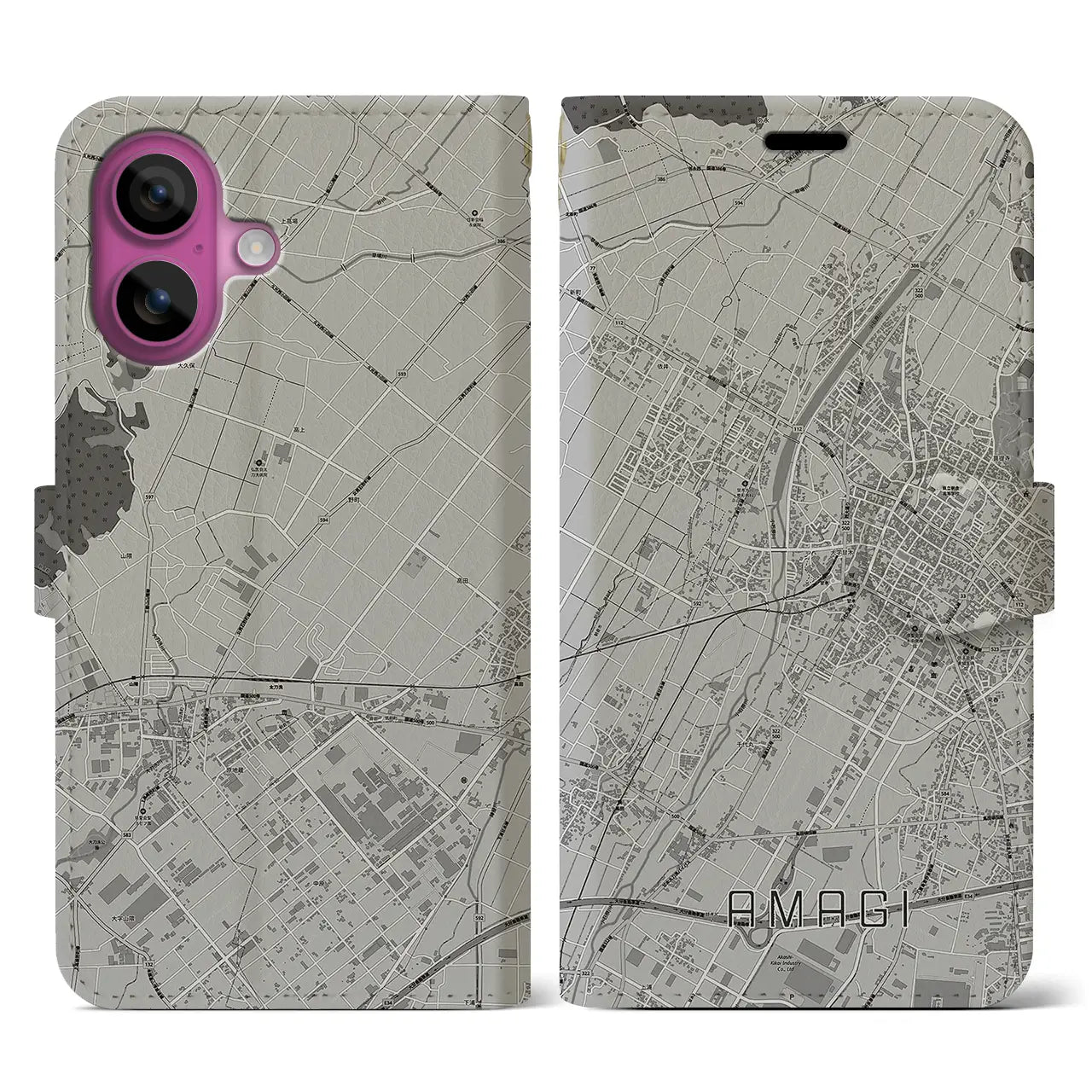 【甘木(福岡県)】地図柄iPhoneケース(手帳タイプ)モノトーン・iPhone 16 Pro 用