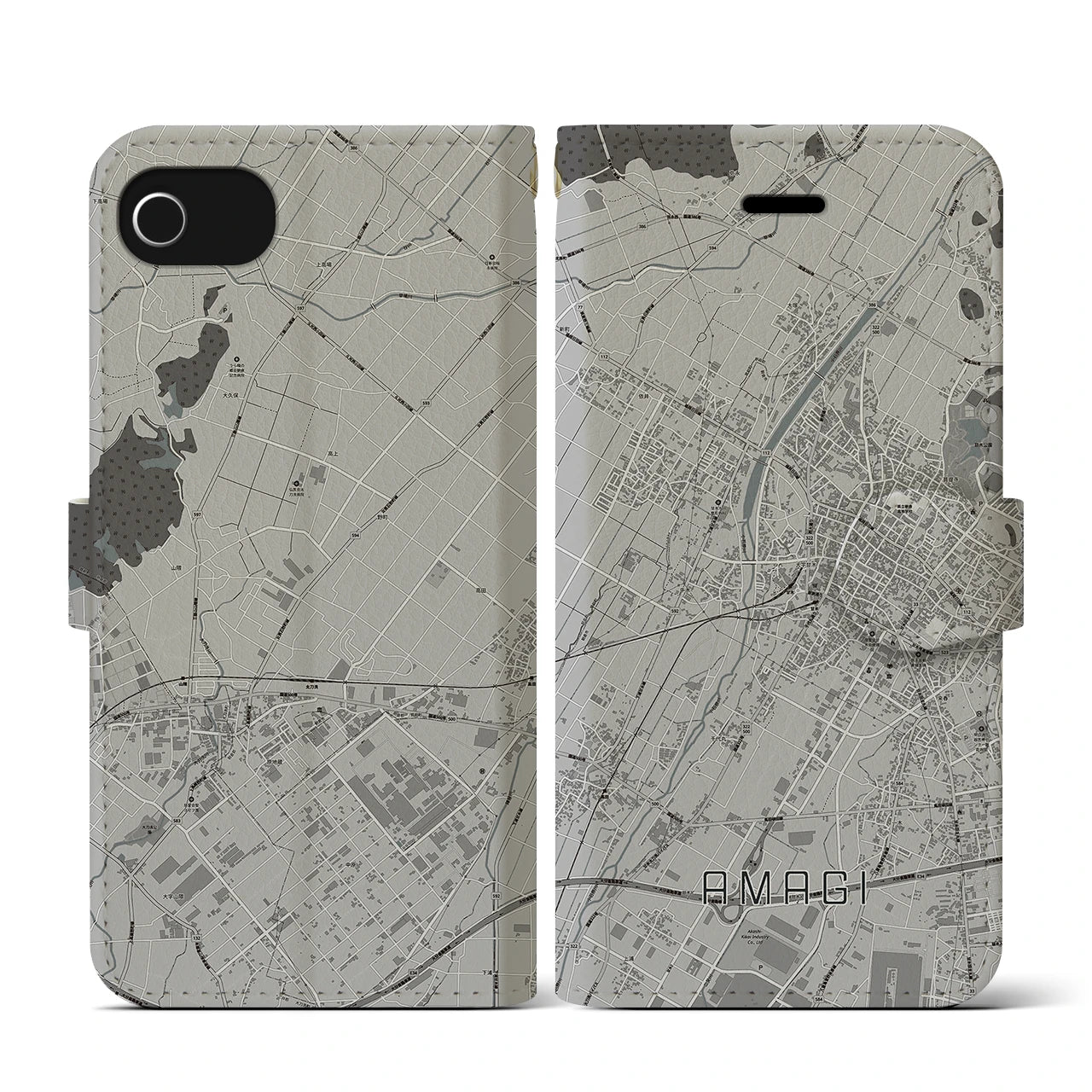 【甘木(福岡県)】地図柄iPhoneケース(手帳タイプ)モノトーン・iPhone SE(第3 / 第2世代) / 8 / 7 / 6s / 6 用