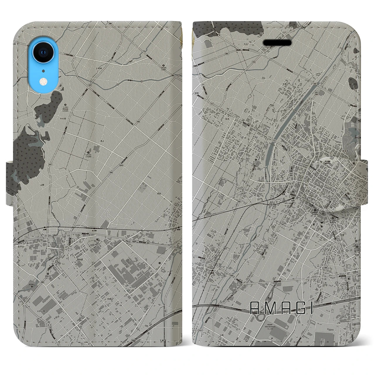 【甘木(福岡県)】地図柄iPhoneケース(手帳タイプ)モノトーン・iPhone XR 用