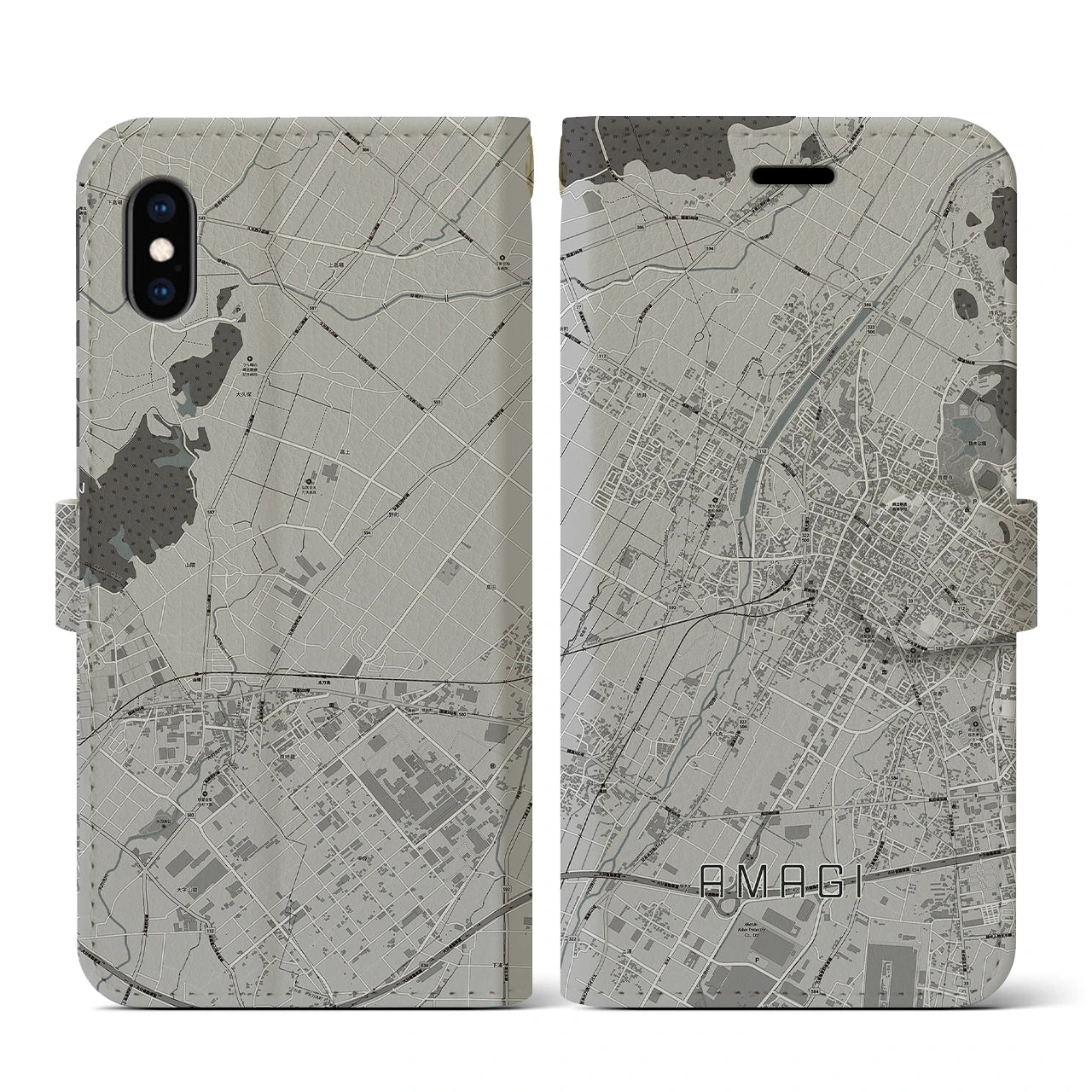 【甘木(福岡県)】地図柄iPhoneケース(手帳タイプ)モノトーン・iPhone XS / X 用