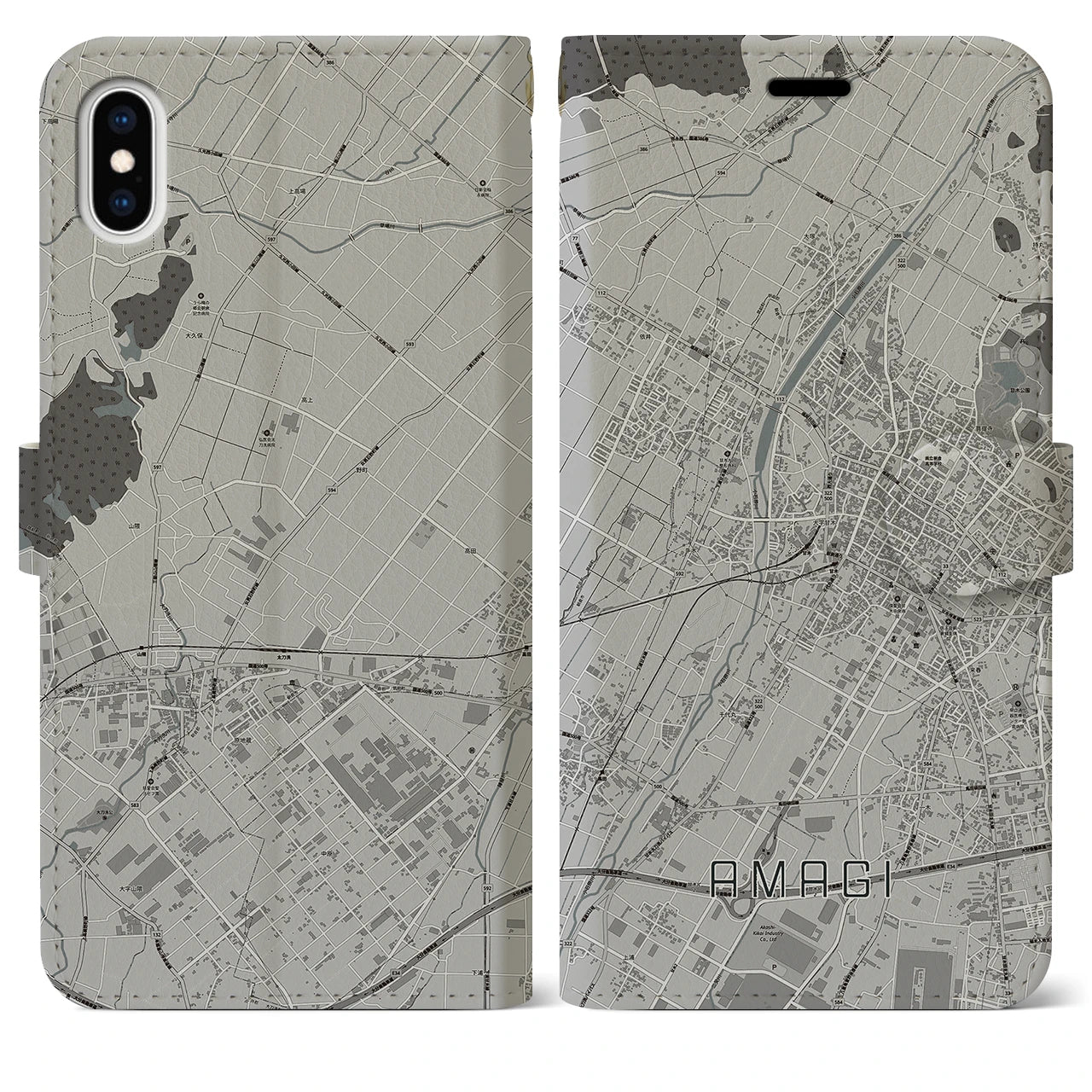 【甘木(福岡県)】地図柄iPhoneケース(手帳タイプ)モノトーン・iPhone XS Max 用