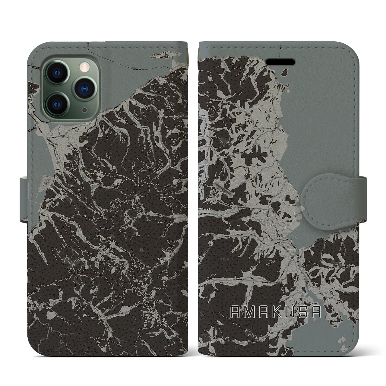 【天草(熊本県)】地図柄iPhoneケース(手帳タイプ)モノトーン・iPhone 11 Pro 用